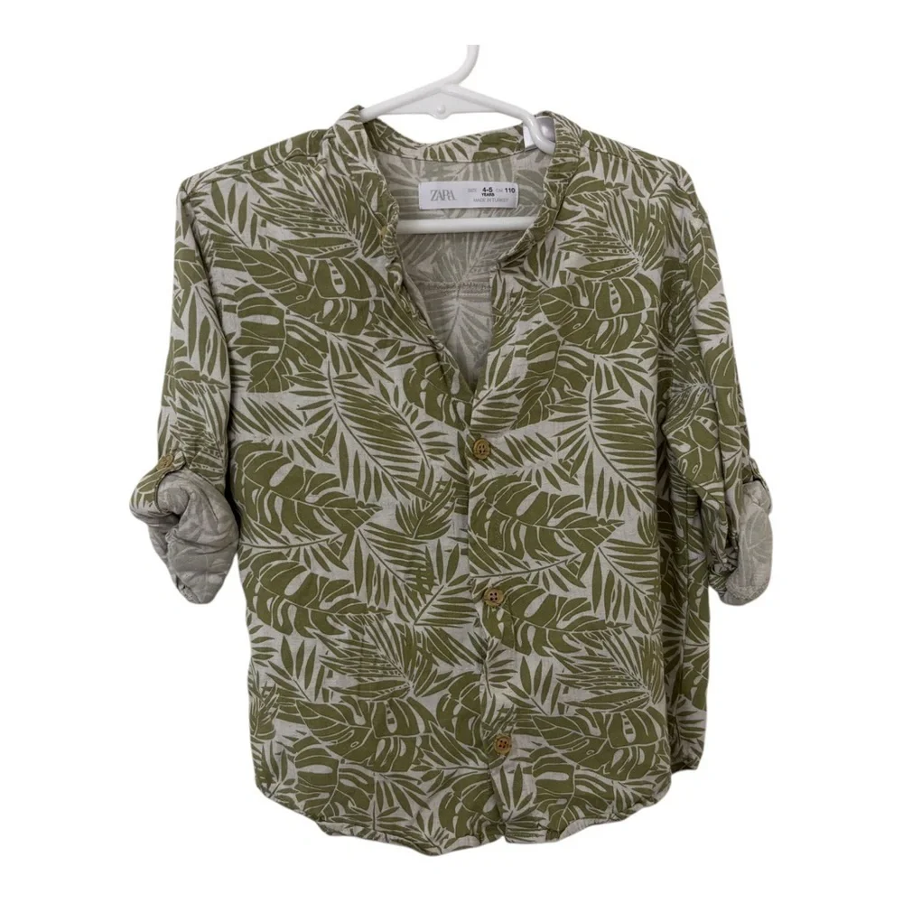 Zara kids linen blend tropical Green Leaf Print long Sleeve button down shirt